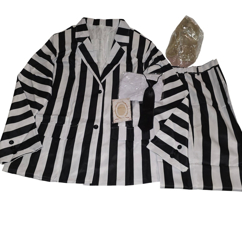 Beetlejuice Costume Set Mens XL‎ Striped Blazer Pants Wig Tie Halloween Cosplay